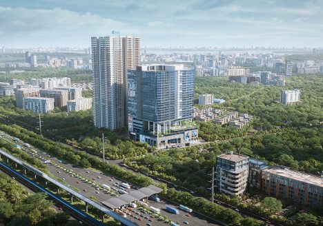 Diamond Towers Aerial view of the project along with the Hyderabad cityscape.